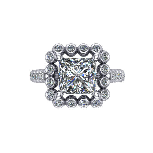 Maren princess bezel bubble halo engagement ring in 14K White Gold, top-down view showing the bubble halo of bezel-set round diamonds framing the princess center from above
