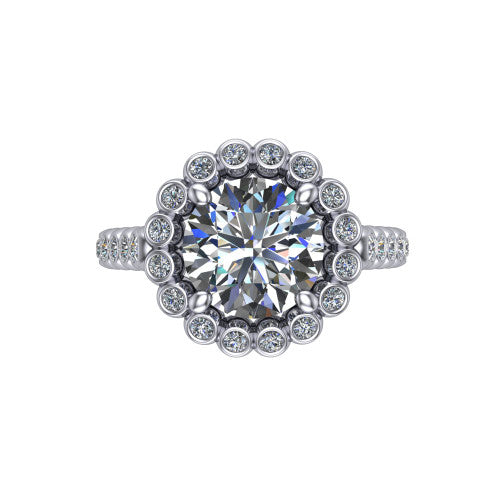 Maren round bezel bubble halo engagement ring in 14K White Gold, top-down view showing the bubble halo of bezel-set round diamonds framing the round center from above