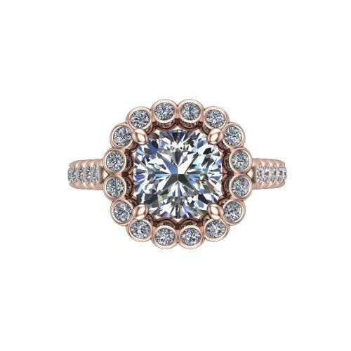 Maren cushion bezel bubble halo engagement ring in 14K Rose Gold, top-down view showing the bubble halo of bezel-set round diamonds framing the cushion center from above
