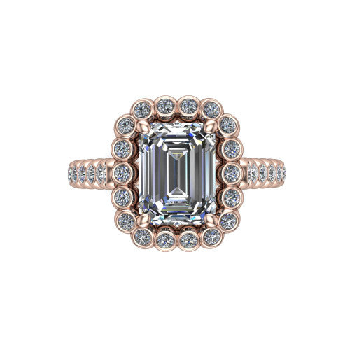Maren emerald bezel bubble halo engagement ring in 14K Rose Gold, top-down view showing the bubble halo of bezel-set round diamonds framing the emerald center from above