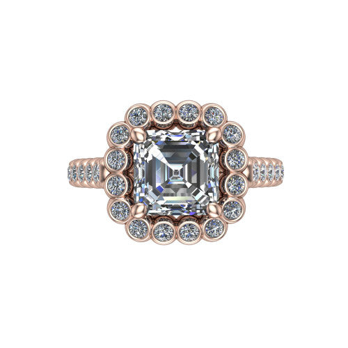 Maren square emerald bezel bubble halo engagement ring in 18K Rose Gold, top-down view showing the bubble halo of bezel-set round diamonds framing the square emerald center from above