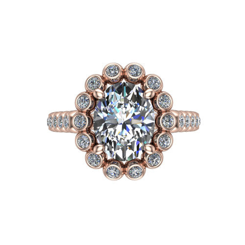 Maren oval bezel bubble halo engagement ring in 14K Rose Gold, top-down view showing the bubble halo of bezel-set round diamonds framing the oval center from above