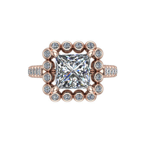 Maren princess bezel bubble halo engagement ring in 14K Rose Gold, top-down view showing the bubble halo of bezel-set round diamonds framing the princess center from above
