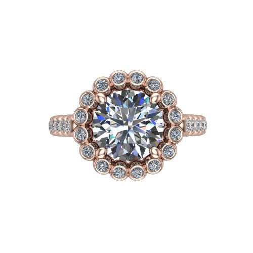 Maren round bezel bubble halo engagement ring in 14K Rose Gold, top-down view showing the bubble halo of bezel-set round diamonds framing the round center from above