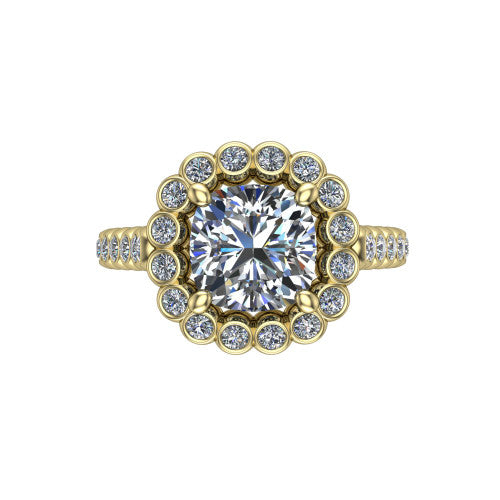 Maren cushion bezel bubble halo engagement ring in 14K Yellow Gold, top-down view showing the bubble halo of bezel-set round diamonds framing the cushion center from above
