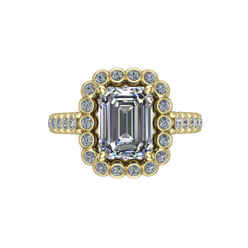 Maren emerald bezel bubble halo engagement ring in 14K Yellow Gold, top-down view showing the bubble halo of bezel-set round diamonds framing the emerald center from above