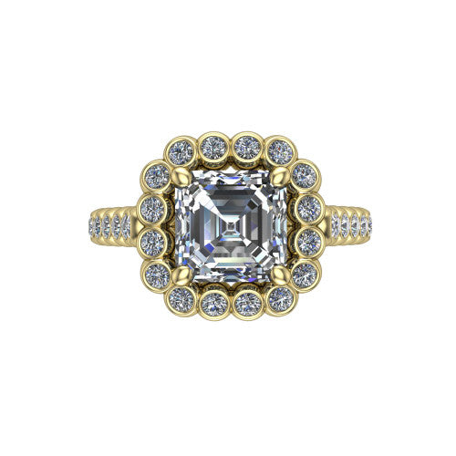 Maren square emerald bezel bubble halo engagement ring in 18K Yellow Gold, top-down view showing the bubble halo of bezel-set round diamonds framing the square emerald center from above