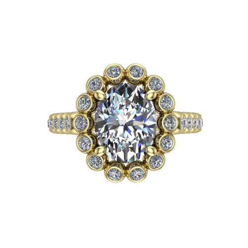 Maren oval bezel bubble halo engagement ring in 18K Yellow Gold, top-down view showing the bubble halo of bezel-set round diamonds framing the oval center from above