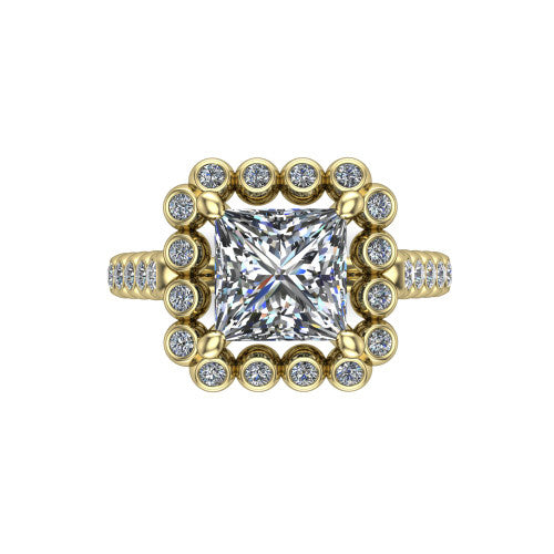 Maren princess bezel bubble halo engagement ring in 14K Yellow Gold, top-down view showing the bubble halo of bezel-set round diamonds framing the princess center from above