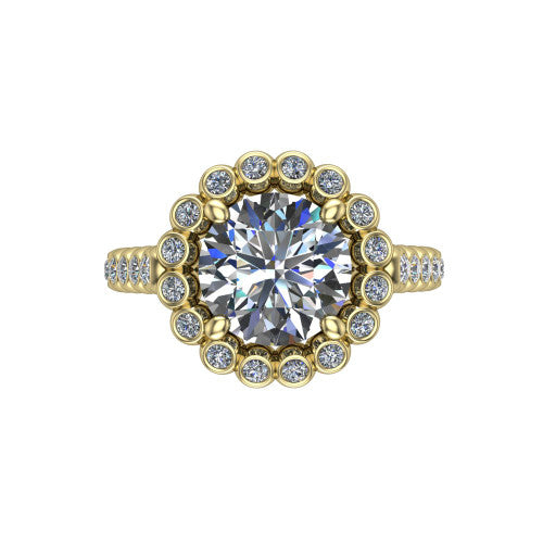 Maren round bezel bubble halo engagement ring in 14K Yellow Gold, top-down view showing the bubble halo of bezel-set round diamonds framing the round center from above