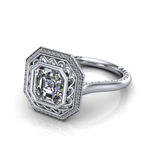 Collins square emerald vintage halo engagement ring in 18K White Gold, three-quarter perspective showing the square emerald center in a filigree-lined pav&eacute; halo above an engraved plain band