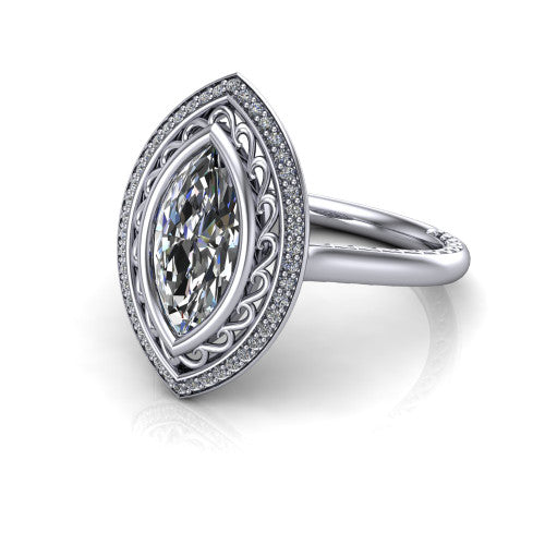 Collins marquise vintage halo engagement ring in 18K White Gold, three-quarter perspective showing the marquise center in a filigree-lined pav&eacute; halo above an engraved plain band