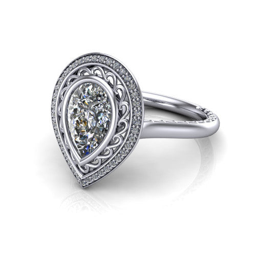 Collins pear vintage halo engagement ring in 18K White Gold, three-quarter perspective showing the pear center in a filigree-lined pav&eacute; halo above an engraved plain band
