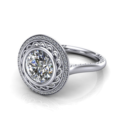 Collins round vintage halo engagement ring in Platinum, three-quarter perspective showing the round center in a filigree-lined pav&eacute; halo above an engraved plain band