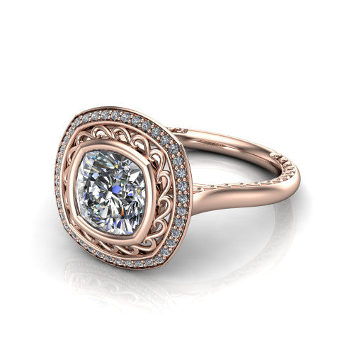 Collins cushion vintage halo engagement ring in 18K Rose Gold, three-quarter perspective showing the cushion center in a filigree-lined pav&eacute; halo above an engraved plain band