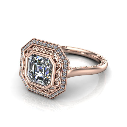 Collins square emerald vintage halo engagement ring in 14K Rose Gold, three-quarter perspective showing the square emerald center in a filigree-lined pav&eacute; halo above an engraved plain band