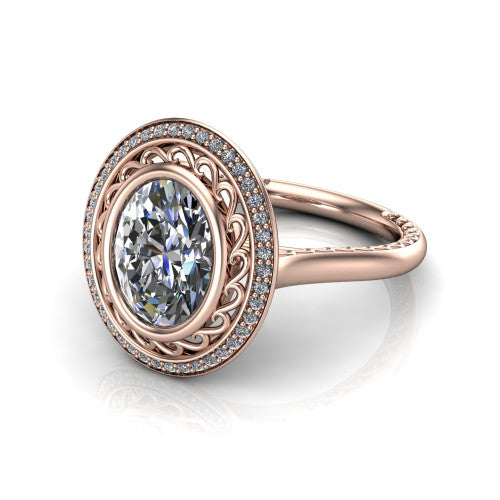 Collins oval vintage halo engagement ring in 14K Rose Gold, three-quarter perspective showing the oval center in a filigree-lined pav&eacute; halo above an engraved plain band