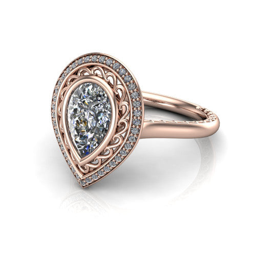 Collins pear vintage halo engagement ring in 18K Rose Gold, three-quarter perspective showing the pear center in a filigree-lined pav&eacute; halo above an engraved plain band