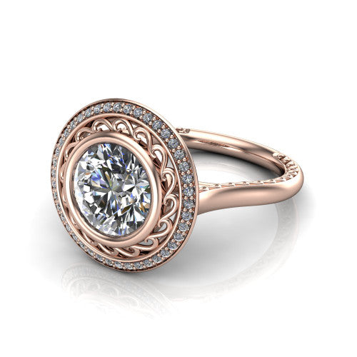 Collins round vintage halo engagement ring in 14K Rose Gold, three-quarter perspective showing the round center in a filigree-lined pav&eacute; halo above an engraved plain band