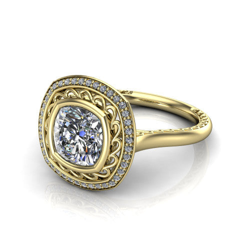 Collins cushion vintage halo engagement ring in 14K Yellow Gold, three-quarter perspective showing the cushion center in a filigree-lined pav&eacute; halo above an engraved plain band
