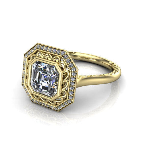 Collins square emerald vintage halo engagement ring in 14K Yellow Gold, three-quarter perspective showing the square emerald center in a filigree-lined pav&eacute; halo above an engraved plain band