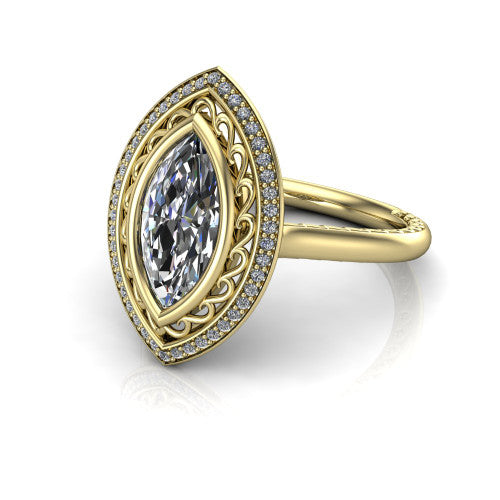 Collins marquise vintage halo engagement ring in 14K Yellow Gold, three-quarter perspective showing the marquise center in a filigree-lined pav&eacute; halo above an engraved plain band