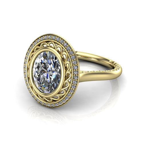 Collins oval vintage halo engagement ring in 18K Yellow Gold, three-quarter perspective showing the oval center in a filigree-lined pav&eacute; halo above an engraved plain band