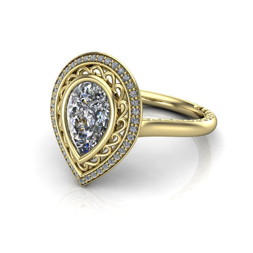 Collins pear vintage halo engagement ring in 18K Yellow Gold, three-quarter perspective showing the pear center in a filigree-lined pav&eacute; halo above an engraved plain band