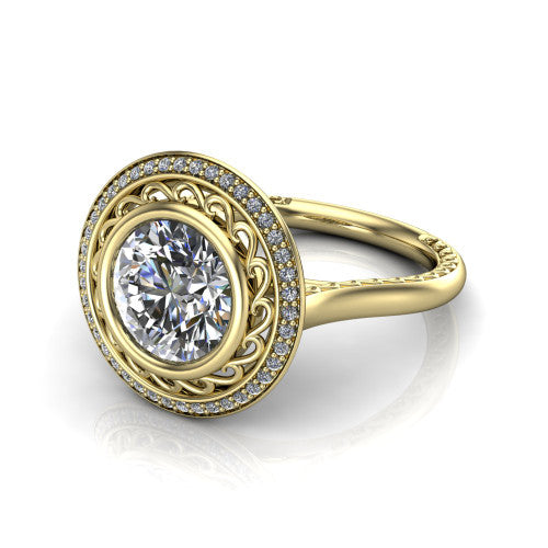 Collins round vintage halo engagement ring in 18K Yellow Gold, three-quarter perspective showing the round center in a filigree-lined pav&eacute; halo above an engraved plain band