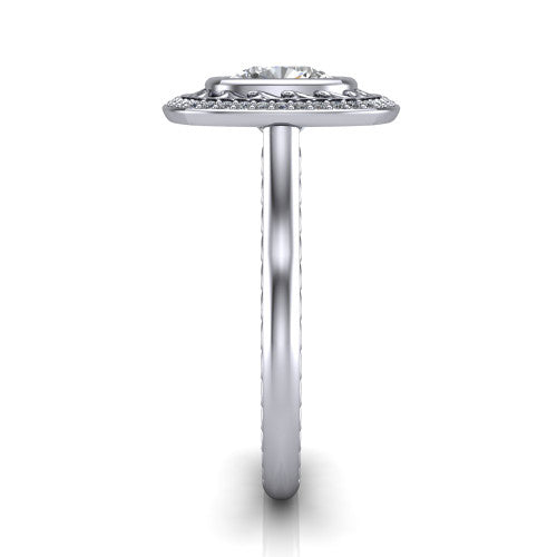 Collins cushion vintage halo engagement ring in 14K White Gold, side profile showing the engraved filigree shoulders, plain band, and vintage halo in profile