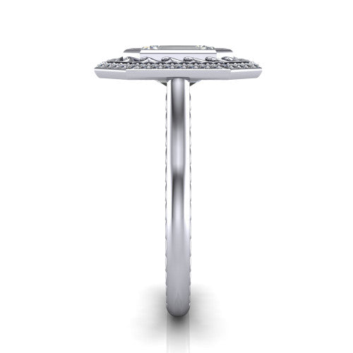 Collins emerald vintage halo engagement ring in 18K White Gold, side profile showing the engraved filigree shoulders, plain band, and vintage halo in profile