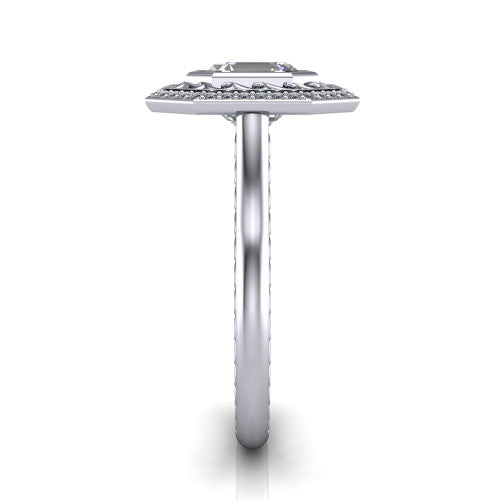 Collins square emerald vintage halo engagement ring in Platinum, side profile showing the engraved filigree shoulders, plain band, and vintage halo in profile