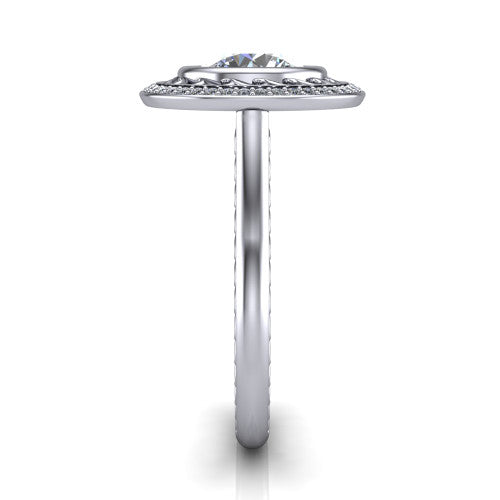 Collins round vintage halo engagement ring in 18K White Gold, side profile showing the engraved filigree shoulders, plain band, and vintage halo in profile