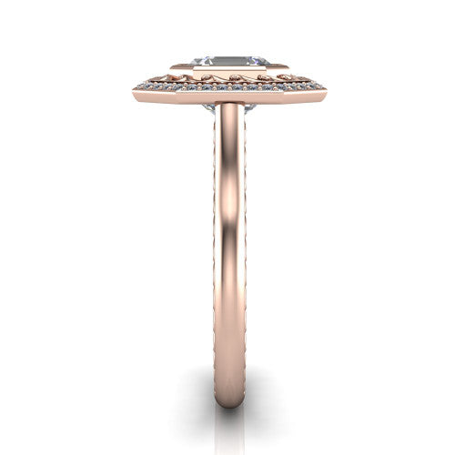 Collins square emerald vintage halo engagement ring in 14K Rose Gold, side profile showing the engraved filigree shoulders, plain band, and vintage halo in profile