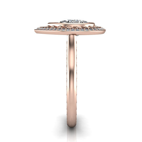 Collins pear vintage halo engagement ring in 18K Rose Gold, side profile showing the engraved filigree shoulders, plain band, and vintage halo in profile