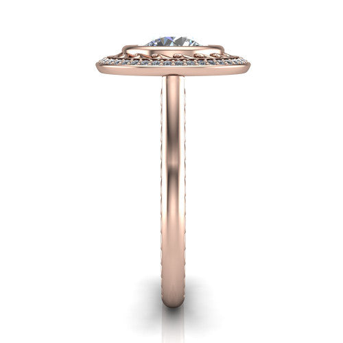 Collins round vintage halo engagement ring in 14K Rose Gold, side profile showing the engraved filigree shoulders, plain band, and vintage halo in profile
