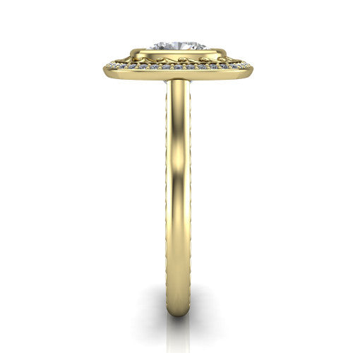 Collins cushion vintage halo engagement ring in 14K Yellow Gold, side profile showing the engraved filigree shoulders, plain band, and vintage halo in profile