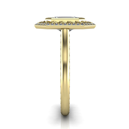 Collins emerald vintage halo engagement ring in 14K Yellow Gold, side profile showing the engraved filigree shoulders, plain band, and vintage halo in profile