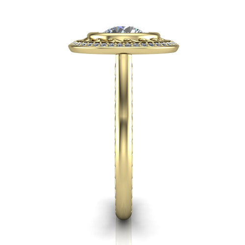 Collins round vintage halo engagement ring in 18K Yellow Gold, side profile showing the engraved filigree shoulders, plain band, and vintage halo in profile