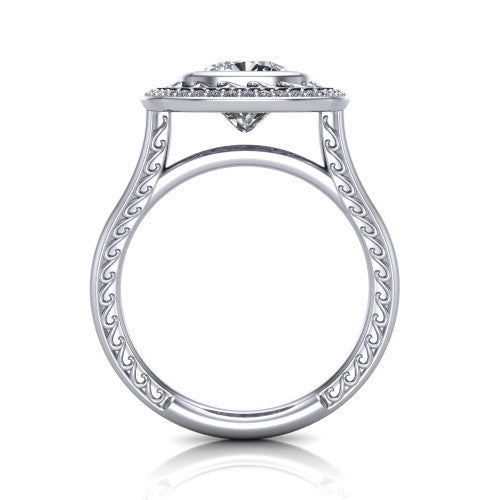 Collins cushion vintage halo engagement ring in 14K White Gold, through-finger front profile showing the filigree gallery and halo head above the plain engraved band