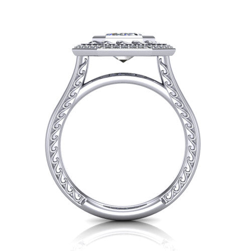 Collins emerald vintage halo engagement ring in Platinum, through-finger front profile showing the filigree gallery and halo head above the plain engraved band