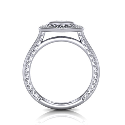 Collins marquise vintage halo engagement ring in Platinum, through-finger front profile showing the filigree gallery and halo head above the plain engraved band