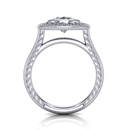 Collins oval vintage halo engagement ring in 18K White Gold, through-finger front profile showing the filigree gallery and halo head above the plain engraved band