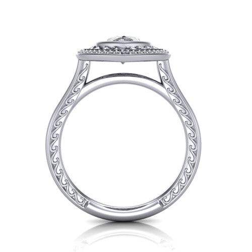 Collins pear vintage halo engagement ring in Platinum, through-finger front profile showing the filigree gallery and halo head above the plain engraved band