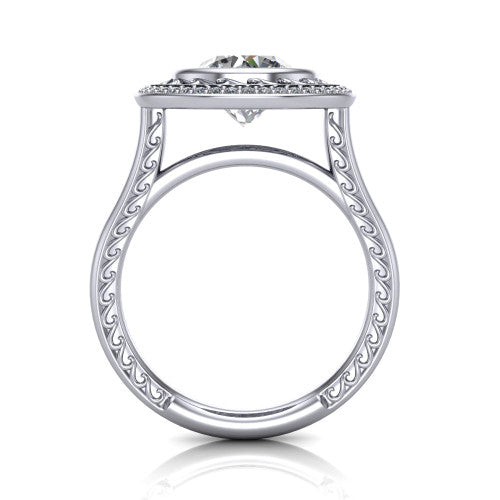 Collins round vintage halo engagement ring in 14K White Gold, through-finger front profile showing the filigree gallery and halo head above the plain engraved band