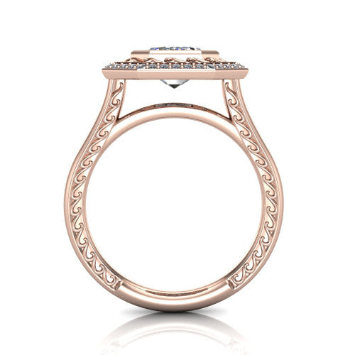 Collins emerald vintage halo engagement ring in 14K Rose Gold, through-finger front profile showing the filigree gallery and halo head above the plain engraved band
