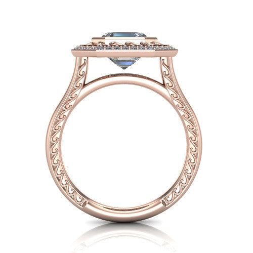 Collins square emerald vintage halo engagement ring in 14K Rose Gold, through-finger front profile showing the filigree gallery and halo head above the plain engraved band