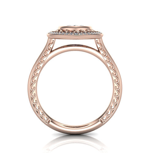 Collins marquise vintage halo engagement ring in 18K Rose Gold, through-finger front profile showing the filigree gallery and halo head above the plain engraved band