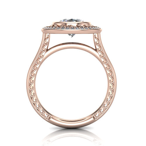 Collins oval vintage halo engagement ring in 14K Rose Gold, through-finger front profile showing the filigree gallery and halo head above the plain engraved band