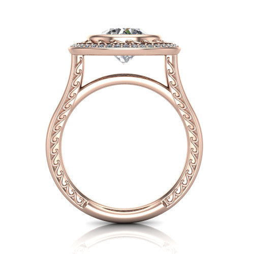 Collins round vintage halo engagement ring in 18K Rose Gold, through-finger front profile showing the filigree gallery and halo head above the plain engraved band
